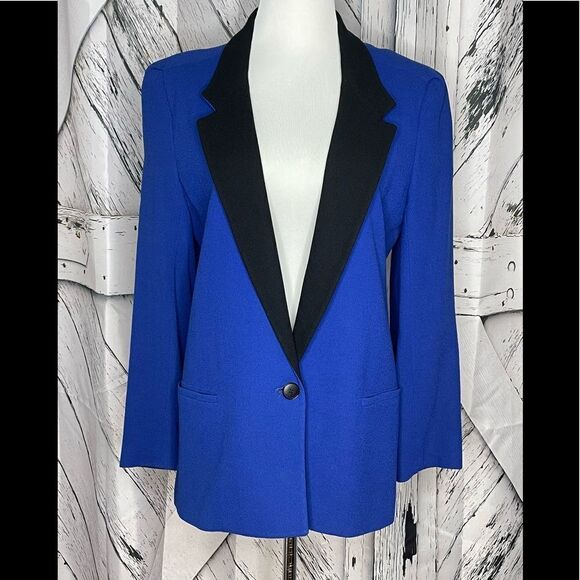 Vintage Lillie Rubin Blue/Black Tux Wool Blazer 12 - Picture 1 of 7